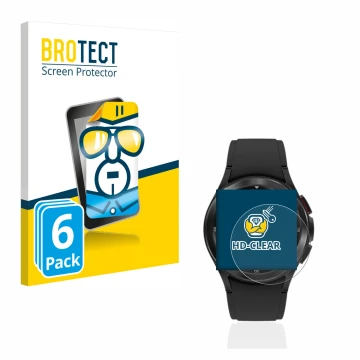Front side of a product packaging with the brand logo BROTECT. Next to it is the device Samsung Galaxy Watch 4 Classic (42mm) 