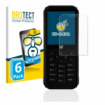 Front side of a product packaging with the brand logo BROTECT. Next to it is the device Caterpillar Cat B40 shown with the cor
