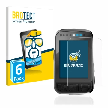 Front side of a product packaging with the brand logo BROTECT. Next to it is the device Wahoo Elemnt Bolt V2 GPS shown with th