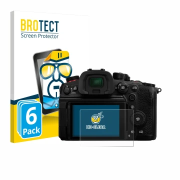 Front side of a product packaging with the brand logo BROTECT. Next to it is the device Panasonic Lumix DC-GH6 shown with the 