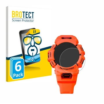 Front side of a product packaging with the brand logo BROTECT. Next to it is the device Casio G-Shock GBA-900 shown with the c