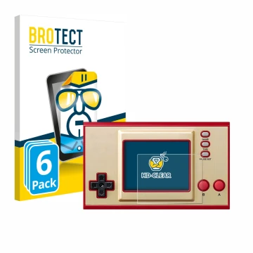 Front side of a product packaging with the brand logo BROTECT. Next to it is the device Nintendo Game & Watch Super Mario Bros