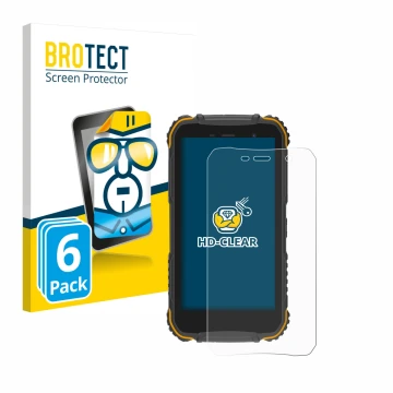 Front side of a product packaging with the brand logo BROTECT. Next to it is the device Doogee S35 shown with the correspondin