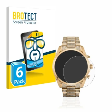 Front side of a product packaging with the brand logo BROTECT. Next to it is the device Michael Kors Access Gen 6 Bradshaw sho