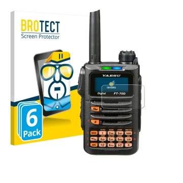 Front side of a product packaging with the brand logo BROTECT. Next to it is the device Yaesu FT-70DR shown with the correspon