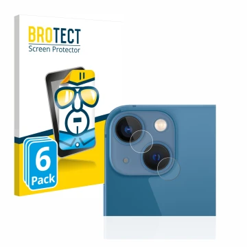 Front side of a product packaging with the brand logo BROTECT. Next to it is the device Apple iPhone 13 mini (ONLY Camera Lens