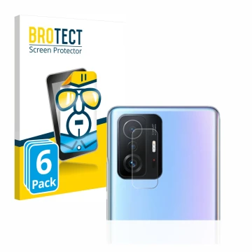 Front side of a product packaging with the brand logo BROTECT. Next to it is the device Xiaomi 11T Pro (ONLY Camera Lens) show