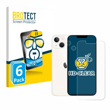 Front side of a product packaging with the brand logo BROTECT. Next to it is the device Apple iPhone 13 (Front+Camera) shown w