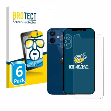 Front side of a product packaging with the brand logo BROTECT. Next to it is the device Apple iPhone 12 mini (Front+Camera) sh