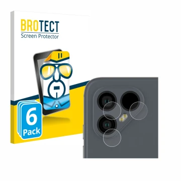 Front side of a product packaging with the brand logo BROTECT. Next to it is the device Fairphone 4 (ONLY Camera Lens) shown w