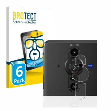 Front side of a product packaging with the brand logo BROTECT. Next to it is the device Sony Xperia Pro-I (ONLY Camera Lens) s