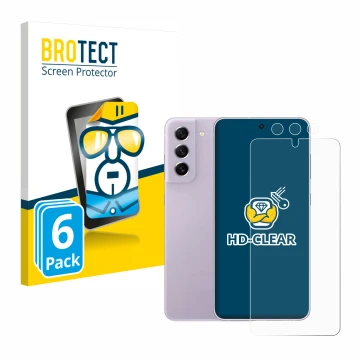 Front side of a product packaging with the brand logo BROTECT. Next to it is the device Samsung Galaxy S21 FE 5G (Front+Camera