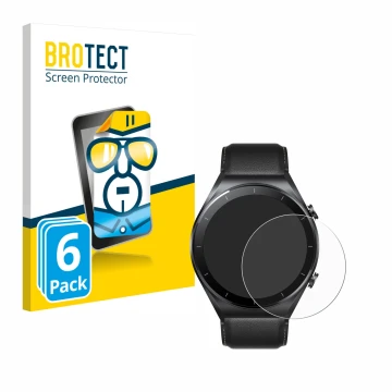 Front side of a product packaging with the brand logo BROTECT. Next to it is the device Xiaomi Watch S1 shown with the corresp