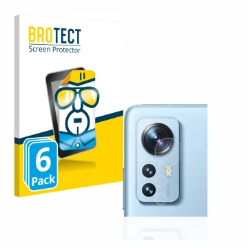 Front side of a product packaging with the brand logo BROTECT. Next to it is the device Xiaomi 12 Pro (ONLY Camera Lens) shown