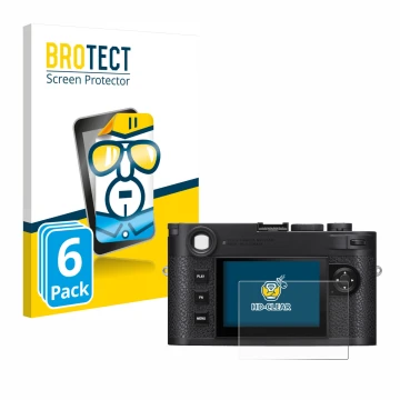 Front side of a product packaging with the brand logo BROTECT. Next to it is the device Leica M11 shown with the corresponding