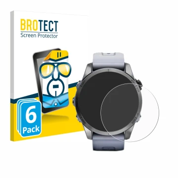 Front side of a product packaging with the brand logo BROTECT. Next to it is the device Garmin Fenix 7S (42 mm) shown with the