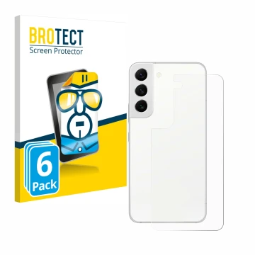 Front side of a product packaging with the brand logo BROTECT. Next to it is the device Samsung Galaxy S22 5G (Back) shown wit