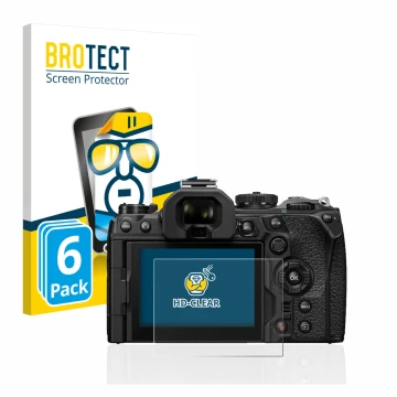 Front side of a product packaging with the brand logo BROTECT. Next to it is the device Olympus OM-1 2022 shown with the corre