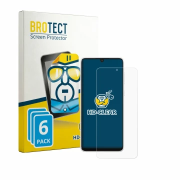 Front side of a product packaging with the brand logo BROTECT. Next to it is the device Samsung Galaxy A33 5G shown with the c