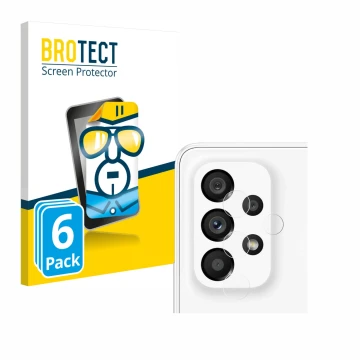 Front side of a product packaging with the brand logo BROTECT. Next to it is the device Samsung Galaxy A53 5G (ONLY Camera Len