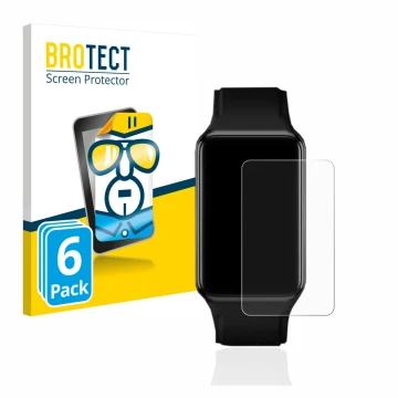 Front side of a product packaging with the brand logo BROTECT. Next to it is the device Oppo Watch Free shown with the corresp