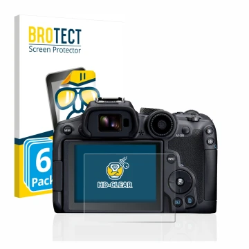 Front side of a product packaging with the brand logo BROTECT. Next to it is the device Canon EOS R7 shown with the correspond