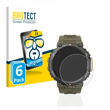 Front side of a product packaging with the brand logo BROTECT. Next to it is the device Huami Amazfit T-Rex 2 shown with the c