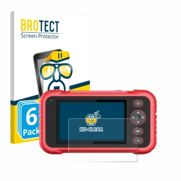 Front side of a product packaging with the brand logo BROTECT. Next to it is the device Launch CRP 123 / 129 EVO shown with th
