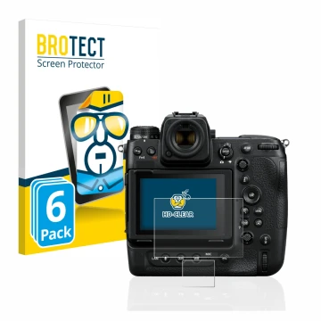 Front side of a product packaging with the brand logo BROTECT. Next to it is the device Nikon Z 9 (Display + top plate display