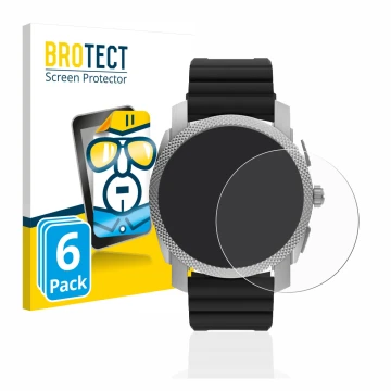 Front side of a product packaging with the brand logo BROTECT. Next to it is the device Fossil Gen 6 Hybrid Machine (45mm) sho