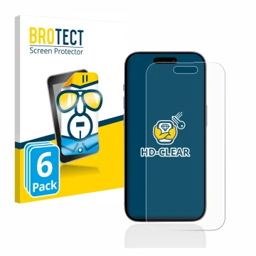 Front side of a product packaging with the brand logo BROTECT. Next to it is the device Apple iPhone 14 Pro shown with the cor