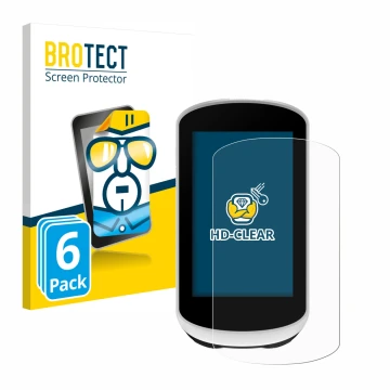 Front side of a product packaging with the brand logo BROTECT. Next to it is the device Garmin Edge Explore 2 shown with the c