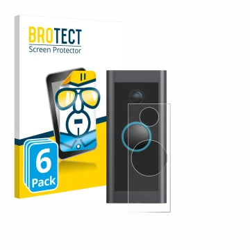Front side of a product packaging with the brand logo BROTECT. Next to it is the device Ring Video Doorbell Wired shown with t