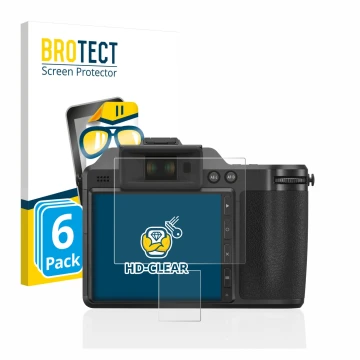 Front side of a product packaging with the brand logo BROTECT. Next to it is the device Fujifilm X-H2 shown with the correspon