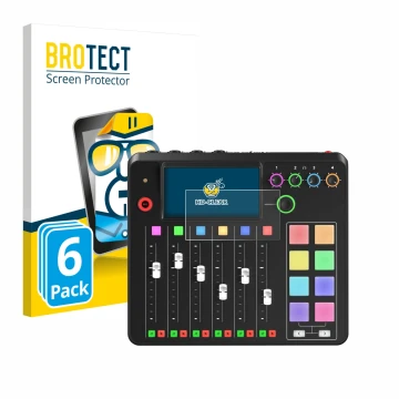 Front side of a product packaging with the brand logo BROTECT. Next to it is the device Rode Rodecaster Pro II shown with the 