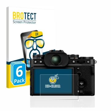 Front side of a product packaging with the brand logo BROTECT. Next to it is the device Fujifilm X-T5 shown with the correspon