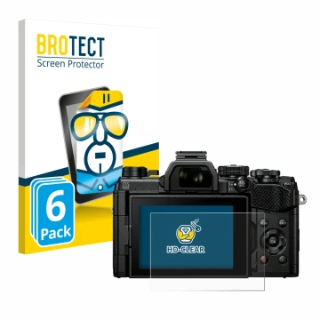 Front side of a product packaging with the brand logo BROTECT. Next to it is the device Olympus OM System OM-5 shown with the 