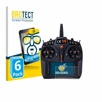 Front side of a product packaging with the brand logo BROTECT. Next to it is the device Spektrum iX14 shown with the correspon