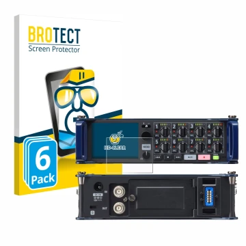 Front side of a product packaging with the brand logo BROTECT. Next to it is the device Zoom F8 field recorder shown with the 