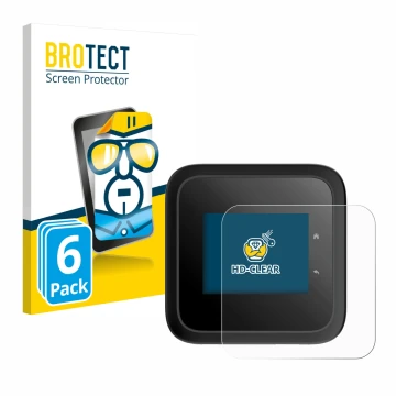 Front side of a product packaging with the brand logo BROTECT. Next to it is the device Netgear Nighthawk M6 Pro shown with th