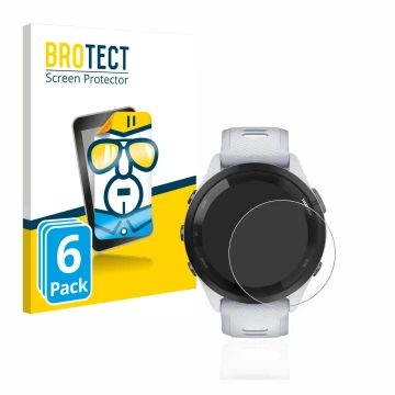 Front side of a product packaging with the brand logo BROTECT. Next to it is the device Garmin Forerunner 265 (46 mm) shown wi