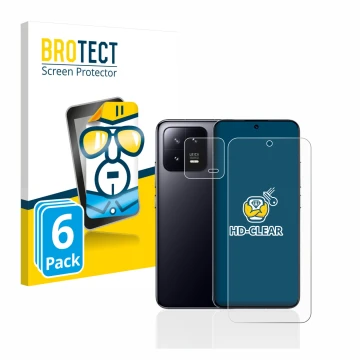Front side of a product packaging with the brand logo BROTECT. Next to it is the device Xiaomi 13 (Front+Camera) shown with th