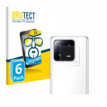 Front side of a product packaging with the brand logo BROTECT. Next to it is the device Xiaomi 13 Pro (ONLY Camera Lens) shown