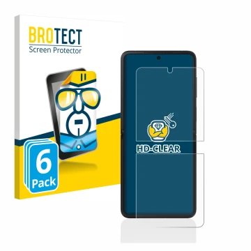 Front side of a product packaging with the brand logo BROTECT. Next to it is the device Oppo Find N2 Flip shown with the corre