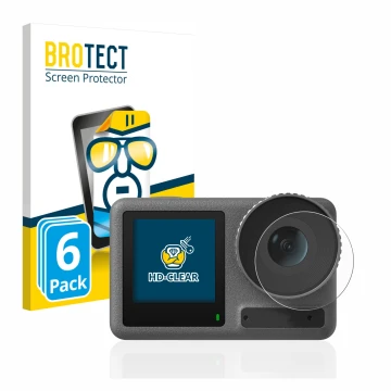 Front side of a product packaging with the brand logo BROTECT. Next to it is the device DJI Osmo Action 3 (Lens) shown with th