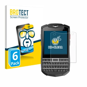 Front side of a product packaging with the brand logo BROTECT. Next to it is the device Unihertz Titan Pocket shown with the c