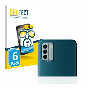 Front side of a product packaging with the brand logo BROTECT. Next to it is the device Nokia G22 (ONLY Camera Lens) shown wit