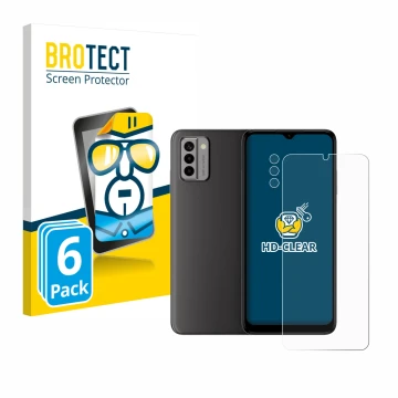 Front side of a product packaging with the brand logo BROTECT. Next to it is the device Nokia G22 (Front+Camera) shown with th