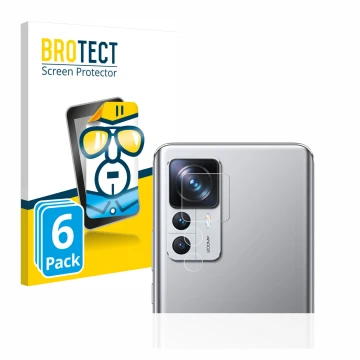 Front side of a product packaging with the brand logo BROTECT. Next to it is the device Xiaomi 12T Pro (ONLY Camera Lens) show