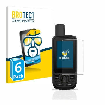 Front side of a product packaging with the brand logo BROTECT. Next to it is the device Garmin GPSMAP 67 shown with the corres